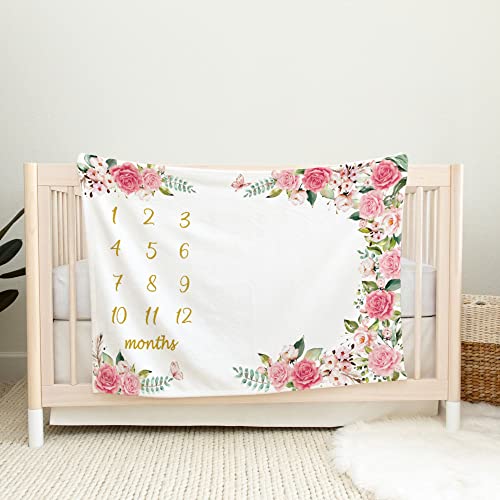 Milestone Blanket for Baby Girl: Track Growth & Age, Floral Wreath & Bow Headband
