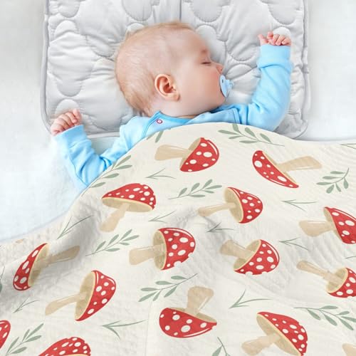 Green Leaves Cartoon Mushrooms Baby Swaddle Blanket, Soft Muslin for Boys and Girls