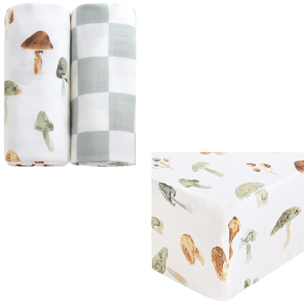 LifeTree Neutral Muslin Swaddle for Boys Girls, Crib Sheets, Mushroom