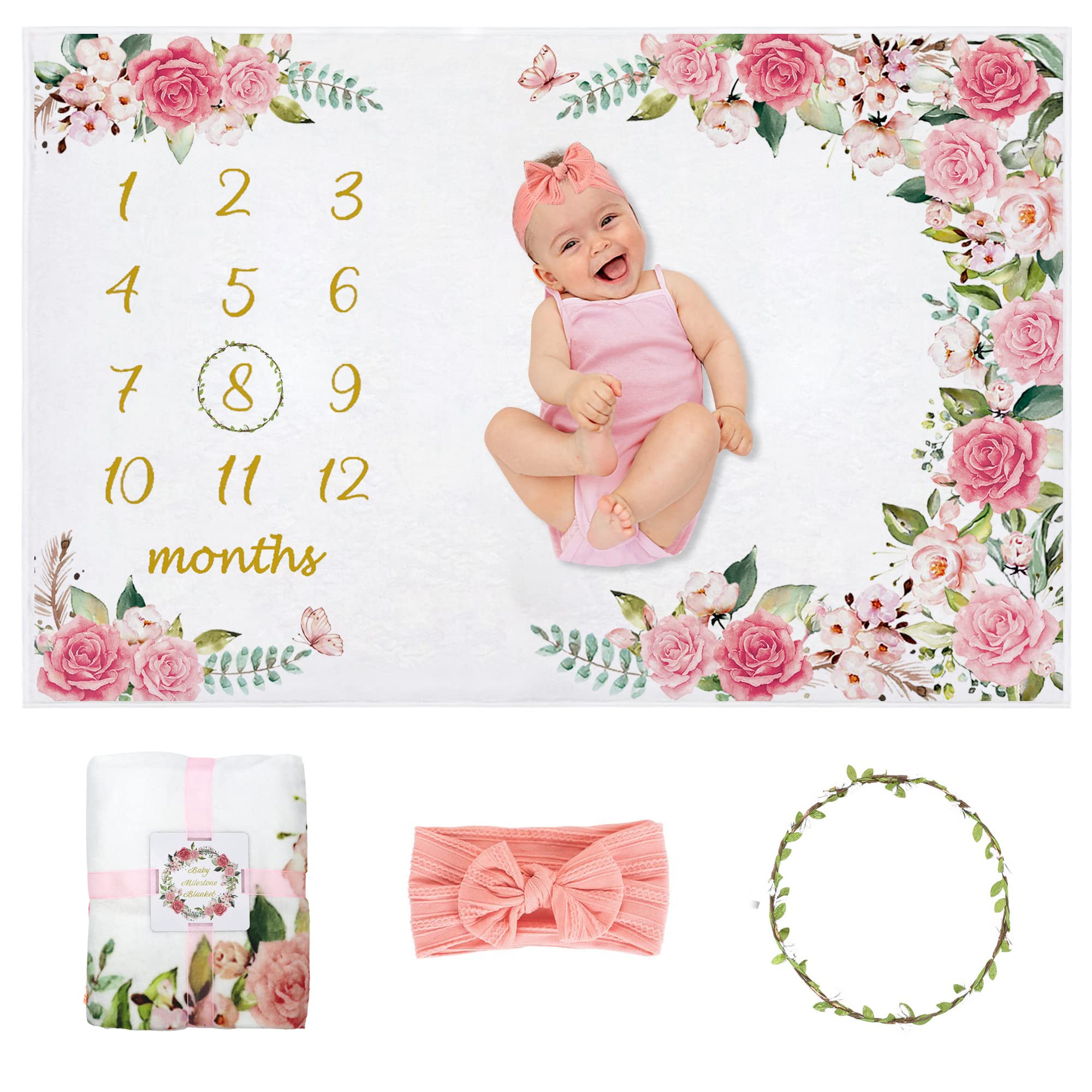 Milestone Blanket for Baby Girl: Track Growth & Age, Floral Wreath & Bow Headband